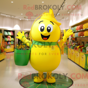 Maskotfigur af en citrongul...