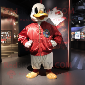 Red Muscovy Duck mascot costume character dressed with a Bomber Jacket and Scarves