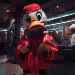 Red Muscovy Duck mascot costume character dressed with a Bomber Jacket and Scarves