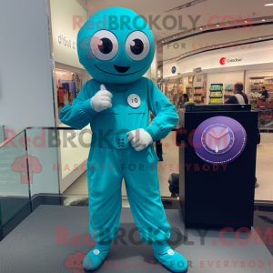 Maskotkarakter av en cyan...