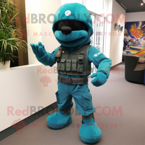 Teal Para Commando mascot costume character dressed with a Waistcoat and Shoe laces