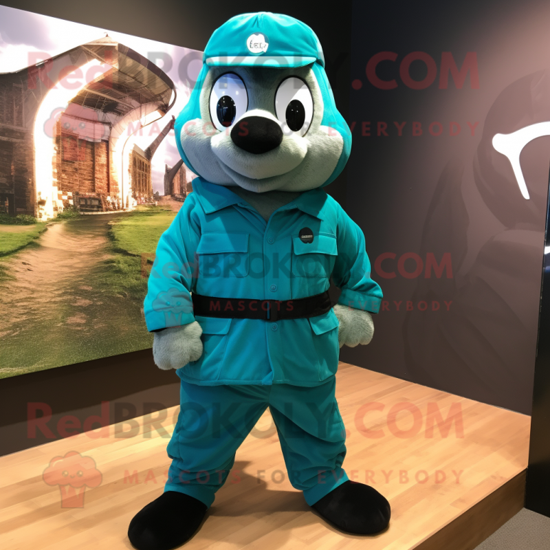 Teal Para Commando mascot costume character dressed with a Waistcoat and Shoe laces