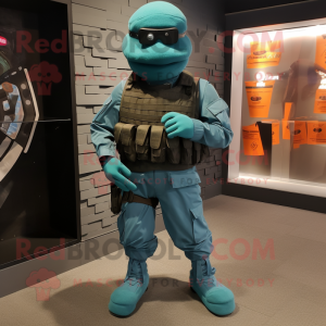 Teal Para Commando mascot costume character dressed with a Waistcoat and Shoe laces