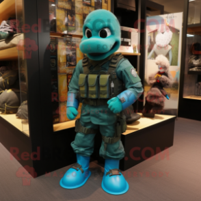 Teal Para Commando mascot costume character dressed with a Waistcoat and Shoe laces