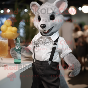 Silver Marten mascot costume character dressed with a Cocktail Dress and Suspenders