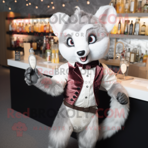 Silver Marten mascot costume character dressed with a Cocktail Dress and Suspenders
