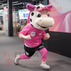 Pink Holstein Cow mascot costume character dressed with a Running Shorts and Beanies