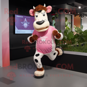Pink Holstein Cow mascot costume character dressed with a Running Shorts and Beanies