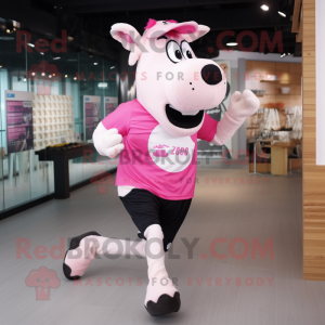 Pink Holstein Cow mascot costume character dressed with a Running Shorts and Beanies