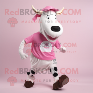 Pink Holstein Cow mascot costume character dressed with a Running Shorts and Beanies