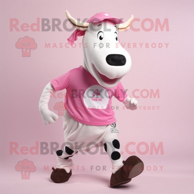 Pink Holstein Cow mascot costume character dressed with a Running Shorts and Beanies Pink Holstein Cow mascot costume character dressed with a Running Shorts and Beanies