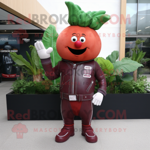 Maroon Radish mascot costume character dressed with a Leather Jacket and Clutch bags