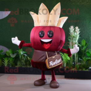 Maroon Radish mascot costume character dressed with a Leather Jacket and Clutch bags