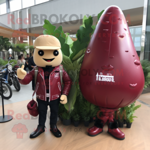 Maroon Radish mascot costume character dressed with a Leather Jacket and Clutch bags