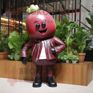 Maroon Radish mascot costume character dressed with a Leather Jacket and Clutch bags