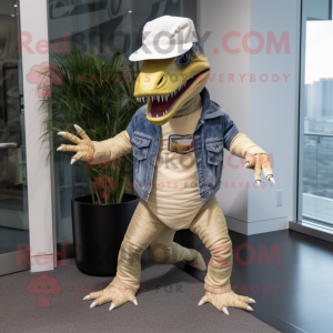 Cream Allosaurus mascot costume character dressed with a Bootcut Jeans and Headbands