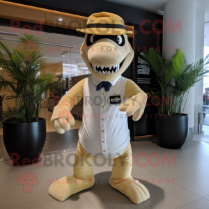 Cream Allosaurus mascot costume character dressed with a Bootcut Jeans and Headbands