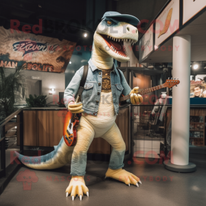 Cream Allosaurus mascot costume character dressed with a Bootcut Jeans and Headbands