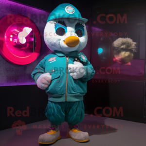 Teal Love Letter mascot costume character dressed with a Bomber Jacket and Digital watches