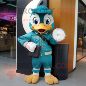 Teal Love Letter mascot costume character dressed with a Bomber Jacket and Digital watches