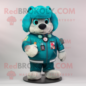 Teal Love Letter mascot costume character dressed with a Bomber Jacket and Digital watches