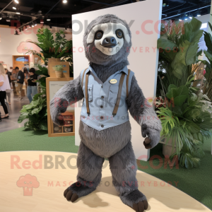 Gray Sloth mascot costume character dressed with a Sheath Dress and Suspenders