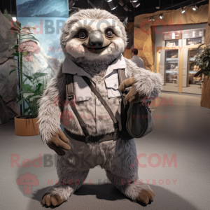 Gray Sloth mascot costume character dressed with a Sheath Dress and Suspenders