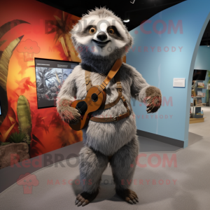 Gray Sloth mascot costume character dressed with a Sheath Dress and Suspenders