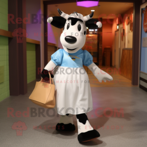 nan Holstein Cow mascot costume character dressed with a Empire Waist Dress and Tote bags
