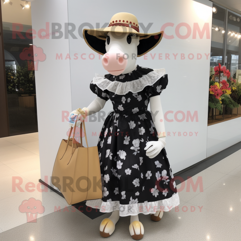 nan Holstein Cow mascot costume character dressed with a Empire Waist Dress and Tote bags