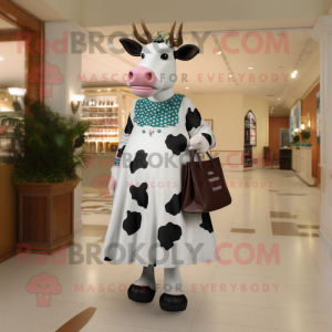 nan Holstein Cow mascot costume character dressed with a Empire Waist Dress and Tote bags
