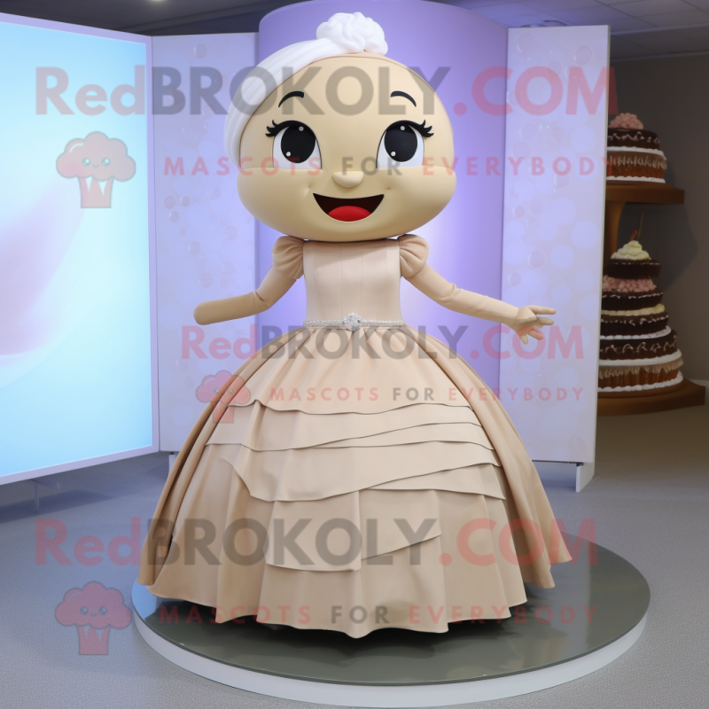 Tan Wedding Cake mascot costume character dressed with a Skirt and Belts Tan Wedding Cake mascot costume character dressed with a Skirt and Belts