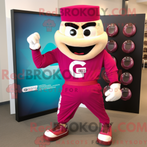 Maskotfigur af en magenta...