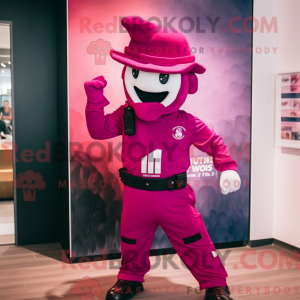 Maskotfigur af en magenta...
