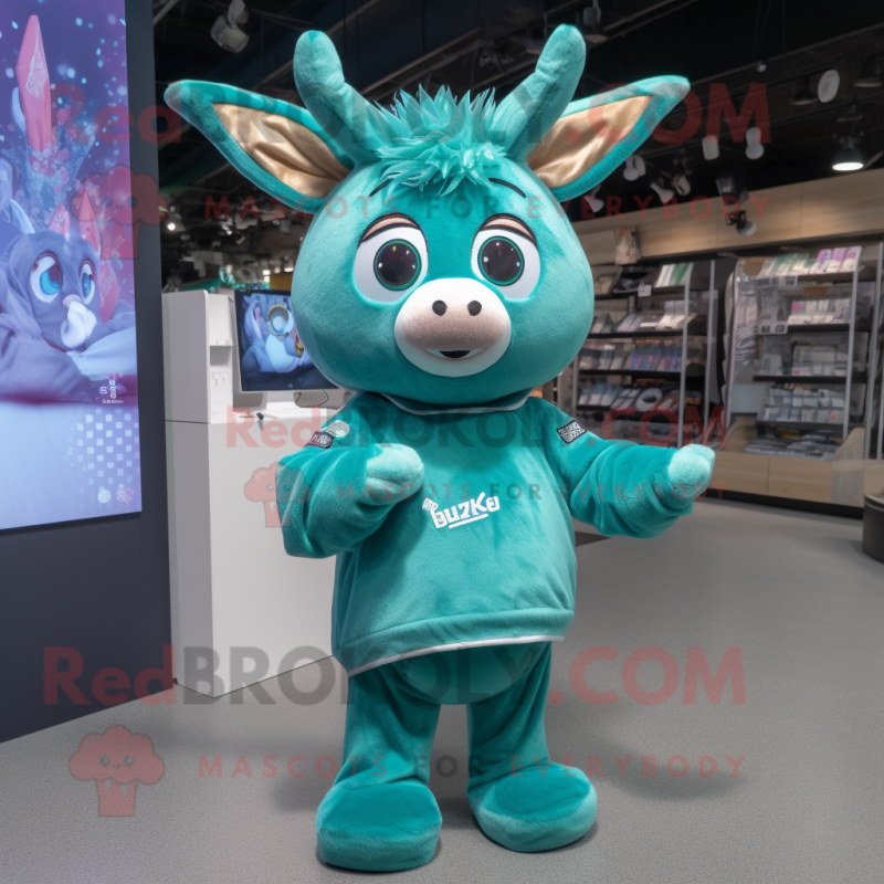 Teal Deer mascot costume character dressed with a Sweatshirt and Hair clips