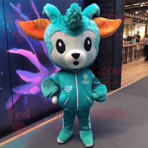 Teal Deer mascot costume character dressed with a Sweatshirt and Hair clips