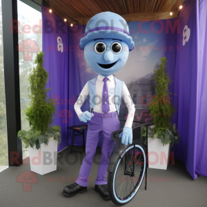 Lavender Unicyclist mascot costume character dressed with a Oxford Shirt and Tie pins