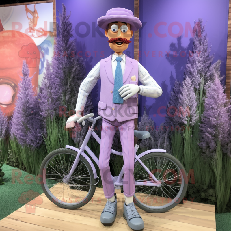 Lavender Unicyclist mascot costume character dressed with a Oxford Shirt and Tie pins