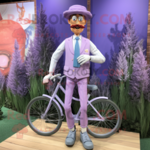 Lavender Unicyclist mascot costume character dressed with a Oxford Shirt and Tie pins