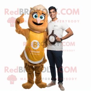Tan Biryani mascot costume character dressed with a Romper and Smartwatches
