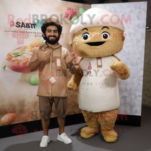 Tan Biryani mascot costume character dressed with a Romper and Smartwatches