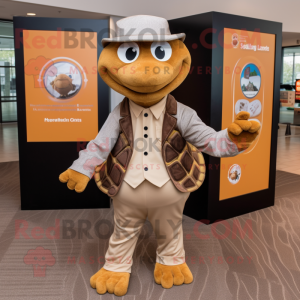 Brown Turtle mascot costume character dressed with a Dress Shirt and Rings