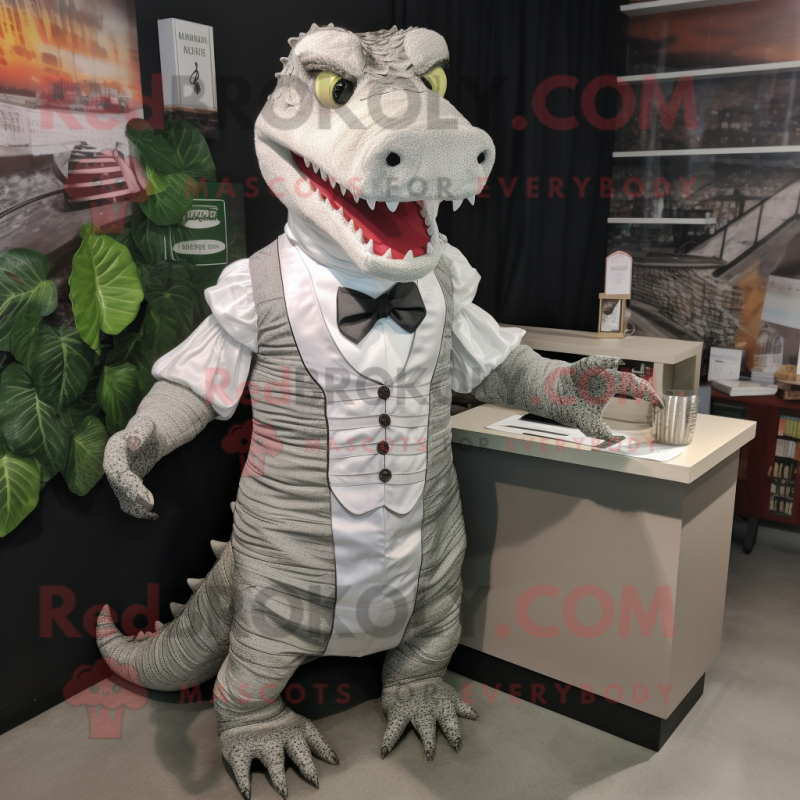 Silver Crocodile mascot costume character dressed with a Dress and Ties