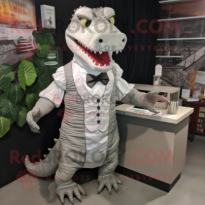 Silver Crocodile mascot costume character dressed with a Dress and Ties