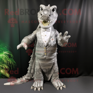 Silver Crocodile mascot costume character dressed with a Dress and Ties