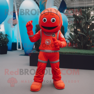 Red Astronaut mascot costume character dressed with a Flare Jeans and Anklets