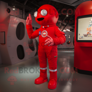 Red Astronaut mascot costume character dressed with a Flare Jeans and Anklets