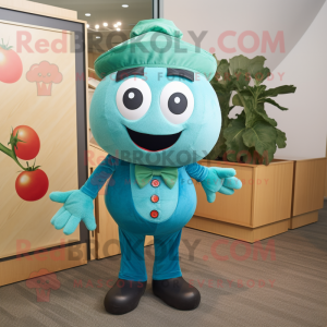 Teal Tomato mascot costume character dressed with a Dungarees and Bow ties