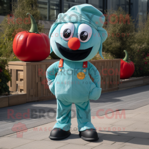 Teal Tomato mascot costume character dressed with a Dungarees and Bow ties