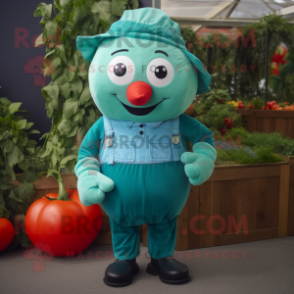 Teal Tomato mascot costume character dressed with a Dungarees and Bow ties